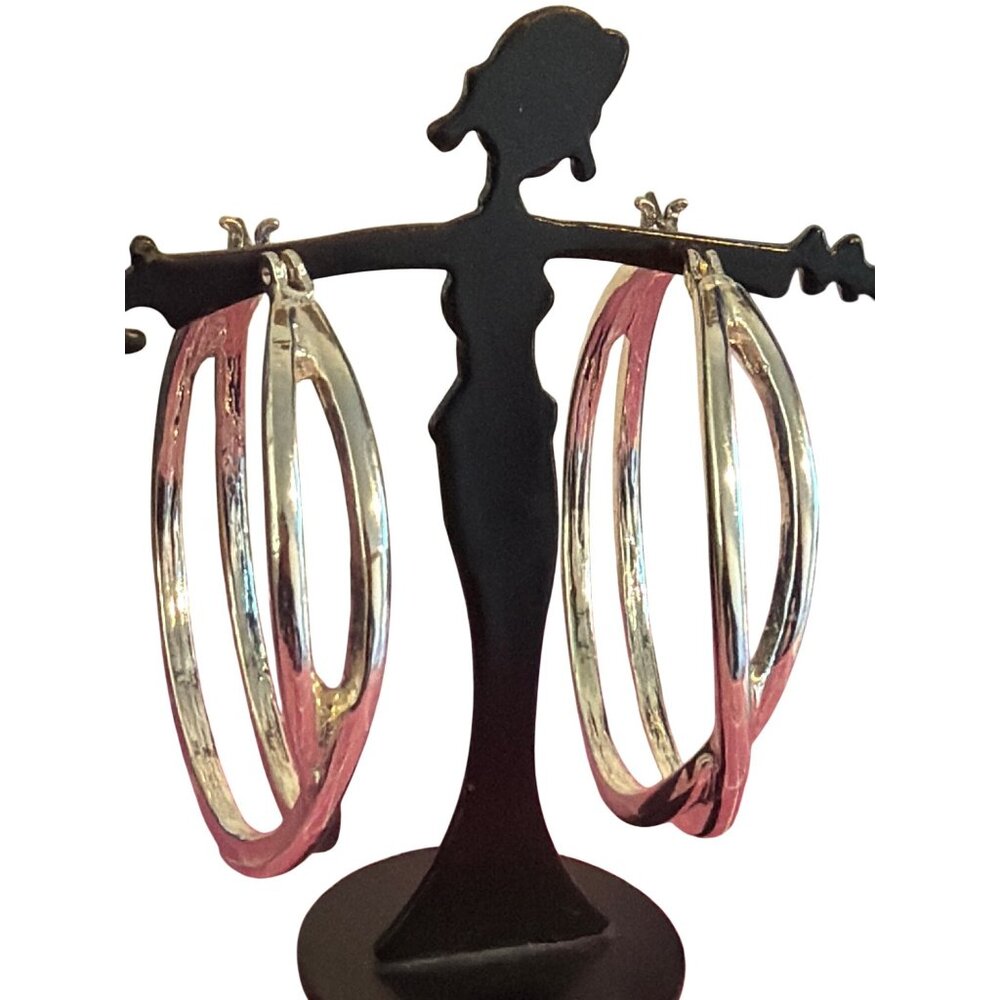 Silver Tone Double Hoop Earrings Intertwined Lever Clasp 1.5" Classic 11.16g